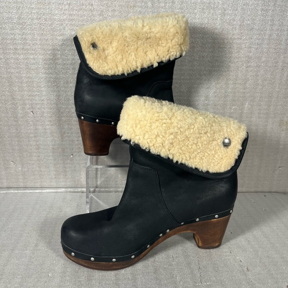 UGG S/N 3207 LYNNEA BLACK LEATHER SHEARLING SHERPA BOOTS WOMENS SIZE 7 - Picture 3 of 12